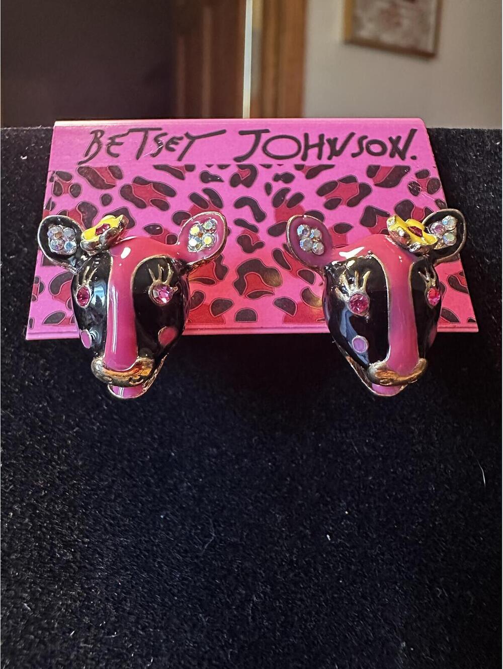Betsey Johnson Pink and Black Cow Head Earrings